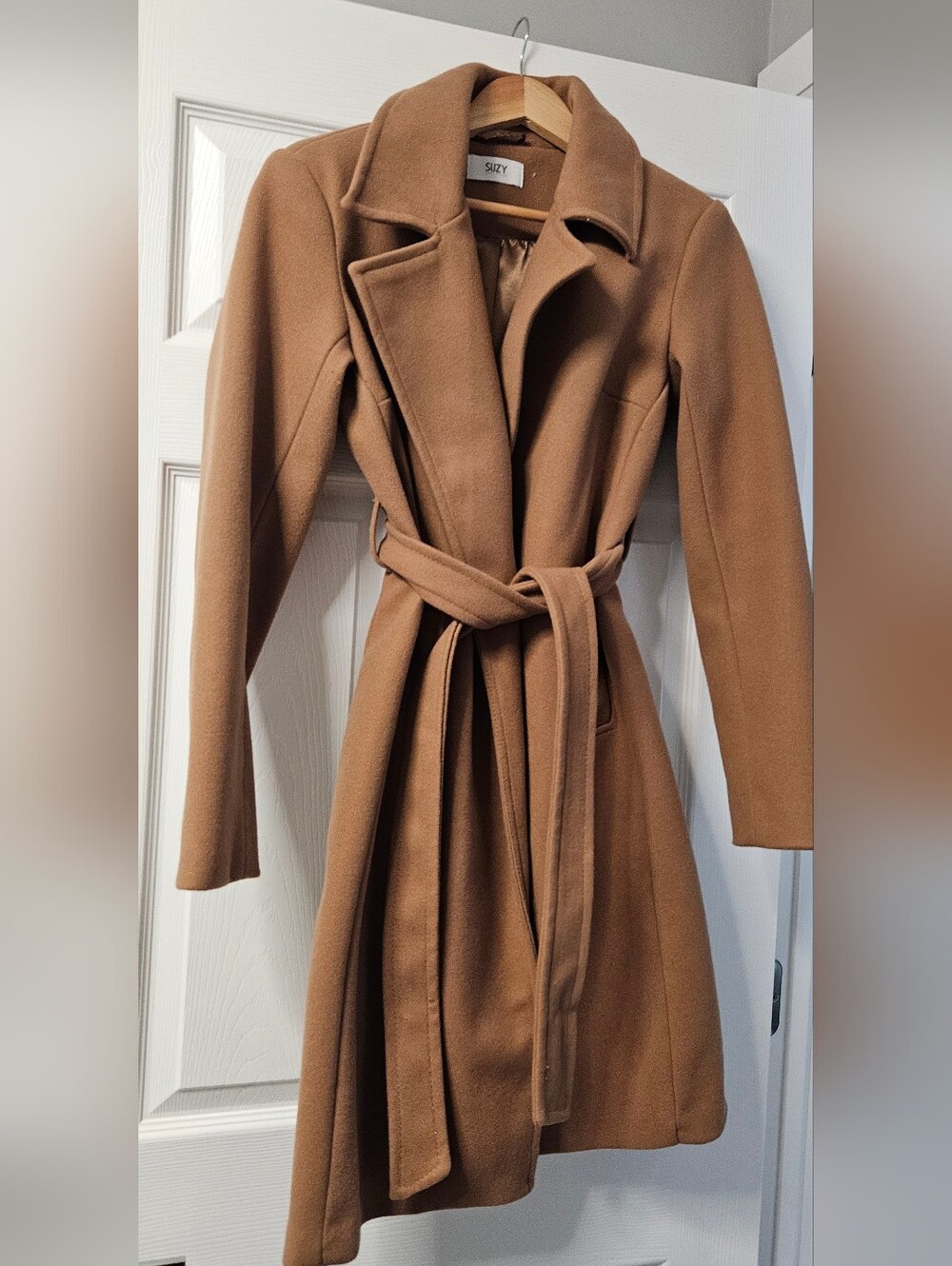 Suzy Shier Camel Belted Wool-Blend Trench Coat